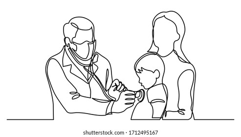 continuous line drawing of doctor in protective mask checking child with stethoscope