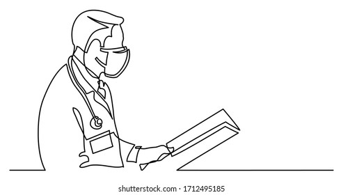 continuous line drawing of doctor in protective mask reading papers