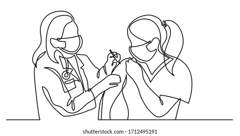 continuous line drawing of doctor in protective mask doing vaccination shot to patient in mask