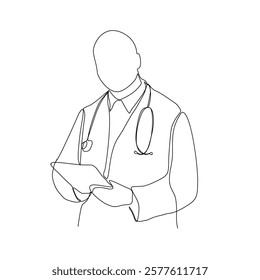 Continuous line drawing of a doctor with stethoscope and clipboard. One line art of health care concept.