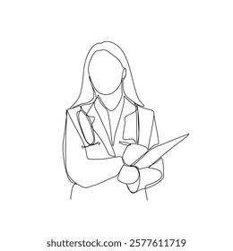 Continuous line drawing of a doctor with stethoscope and clipboard. One line art of health care concept.