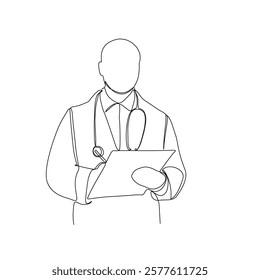 Continuous line drawing of a doctor with stethoscope and clipboard. One line art of health care concept.