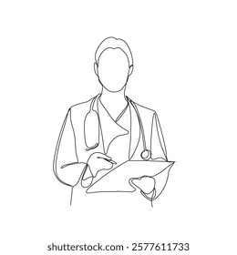 Continuous line drawing of a doctor with stethoscope and clipboard. One line art of health care concept.