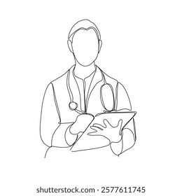 Continuous line drawing of a doctor with stethoscope and clipboard. One line art of health care concept.