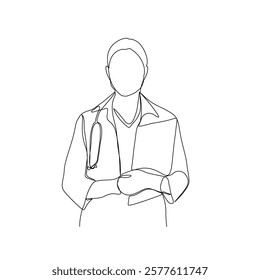 Continuous line drawing of a doctor with stethoscope and clipboard. One line art of health care concept.