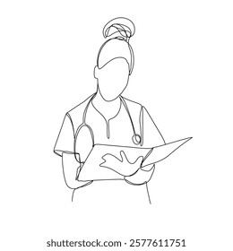Continuous line drawing of a doctor with stethoscope and clipboard. One line art of health care concept.
