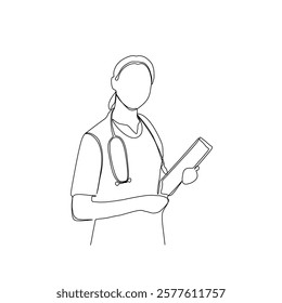 Continuous line drawing of a doctor with stethoscope and clipboard. One line art of health care concept.