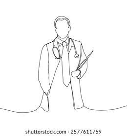 Continuous line drawing of a doctor with stethoscope and clipboard. One line art of health care concept.