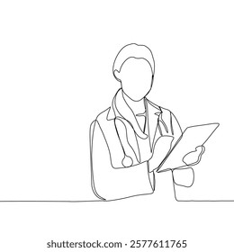 Continuous line drawing of a doctor with stethoscope and clipboard. One line art of health care concept.