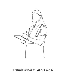 Continuous line drawing of a doctor with stethoscope and clipboard. One line art of health care concept.