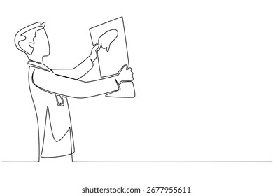 Continuous line drawing of a doctor with stethoscope holding brain x-ray scan, symbolizing research, diagnosis, and healthcare support during World Brain Tumor Day awareness campaigns worldwide.