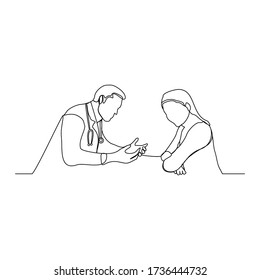 Continuous line drawing of doctor talk and consulting patient. vector illustration