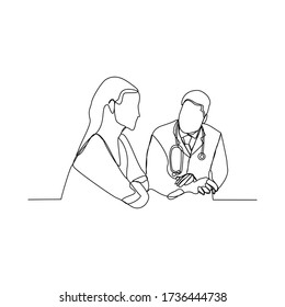 Continuous line drawing of doctor talk and consulting patient. vector illustration