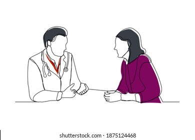 Continuous line drawing of doctor talk and consulting patient. vector illustration