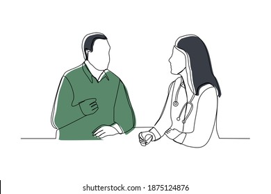 Continuous line drawing of doctor talk and consulting patient. vector illustration