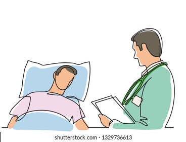 continuous line drawing of doctor talking with patient lying in bed