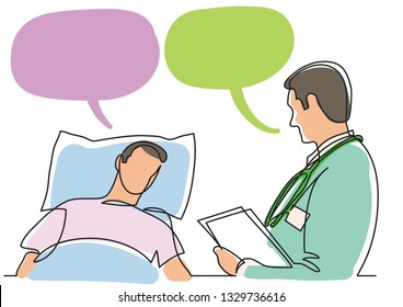 continuous line drawing of doctor talking with patient lying in bed