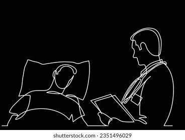 continuous line drawing of doctor talking with patient lying in bed