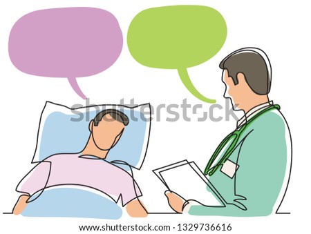 continuous line drawing of doctor talking with patient lying in bed