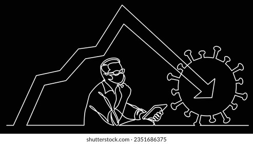 continuous line drawing of doctor thinking about how to decrease number of coronavirus cases