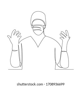 Continuous line drawing of doctor wearing surgical mask to protect disease, flu, air pollution, pandemic, virus. Vector illustration.