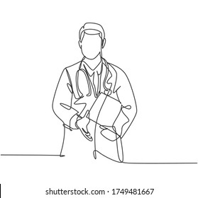 Continuous line drawing of doctor welcoming the patient with handshake gesture. Greeting in hospital and healthcare center concept. One line drawing vector illustration