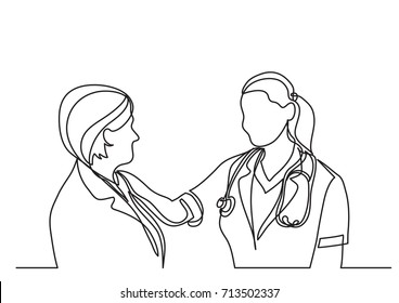 continuous line drawing of doctor and woman patient talking