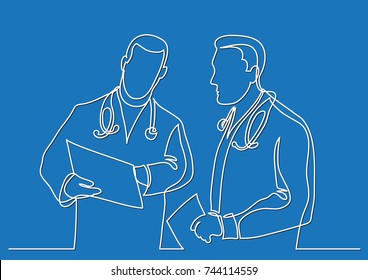 continuous line drawing of doctors discussing diagnosis