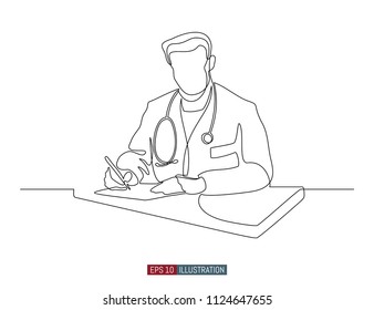 Continuous line drawing of doctors silhouette. Hospital scene. Template for your design works. Vector illustration.