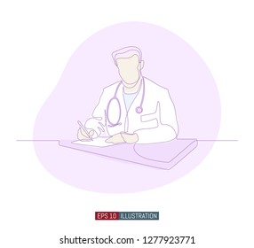 Continuous line drawing of doctors silhouette. Hospital scene. Template for your design works. Vector illustration.