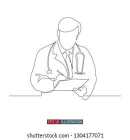 Continuous line drawing of doctors silhouette. Hospital scene. Template for your design works. Vector illustration.