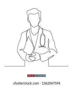 Continuous line drawing of doctors silhouette. Hospital scene. Template for your design works. Vector illustration.