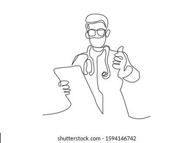 Continuous line drawing of doctors silhouette. Hospital scene. Template for your design works. Vector illustration
