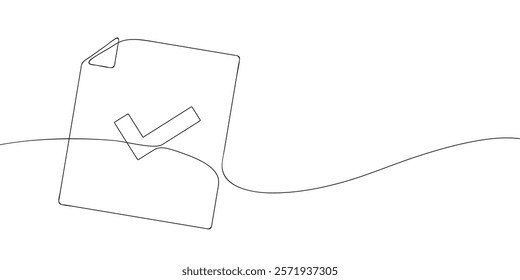 Continuous line drawing of a document with a checkmark symbol. Minimalist black outline illustration on a white background. Abstract concept for approval or success themes in modern design.