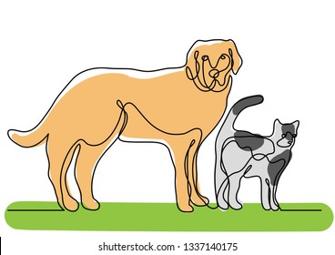 continuous line drawing of dog and cat