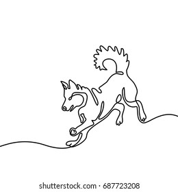 Continuous line drawing. Dog jumping and playing. Vector illustration
