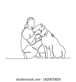 continuous line drawing of dog and men  communication,walking,running,vector