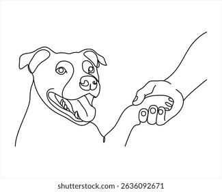 continuous line drawing dog paw and Human hand holding animal paw with love Drawn with one line black and white Isolated stock illustration Pro Vector