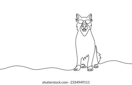 Continuous line drawing of a dog sitting with glasses. Vector banner illustration