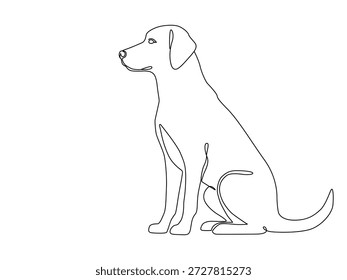 Eine durchgehende Linienzeichnung eines Hundes, der im Profil in einem minimalistischen Grafikstil sitzt.