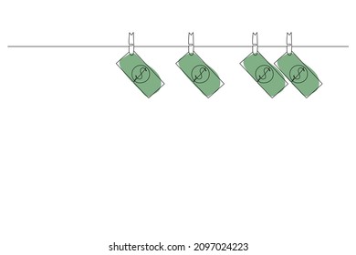 Continuous line drawing, Dollar bill hanging on rope attached with clothes pins. Money-laundering concept illustration of finance and business. Vector illustration.