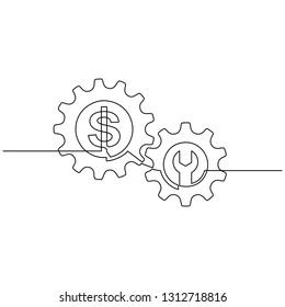 Continuous line drawing of dollar and gears wheel. Dollar and gears are drawn by a single line on a white background. Vector