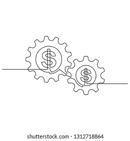 Continuous line drawing of dollar and gears wheel. Dollar and gears are drawn by a single line on a white background. Vector