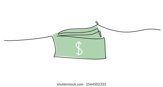 Continuous line drawing of dollar money, symbolizing wealth, investment, and financial exchange. One line drawing for business and banking. Vector illustration hand drawn.