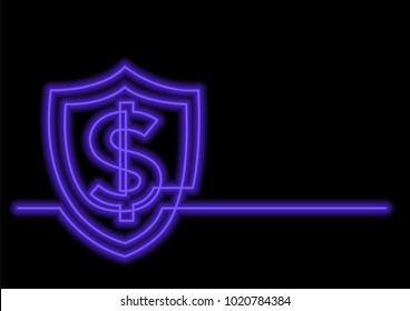 continuous line drawing of dollar sign and shield with neon vector effect