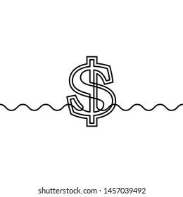 Dibujo continuo de línea de signo de dólar en ondas, ilustración minimalista de vector negro y blanco