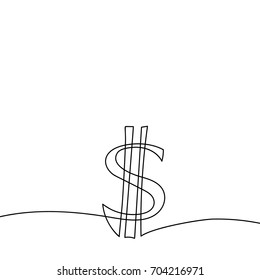 Continuous line drawing of dollar sign, Black and white vector minimalistic hand drawn illustration