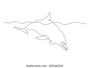 Continuous line drawing of dolphin with the ocean. Minimalism art.