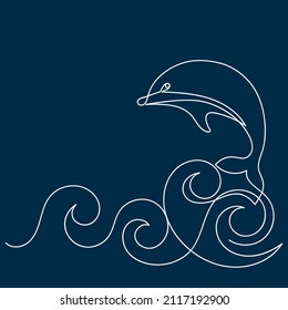 Dibujo continuo de un delfín en las olas. Ilustración vectorial dibujada a mano. Cartel de bienvenida con un animal marino