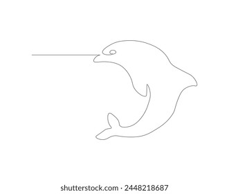 Continuous line drawing of dolphin. One line of dolphin. Marine animal concept continuous line art. Editable outline.

